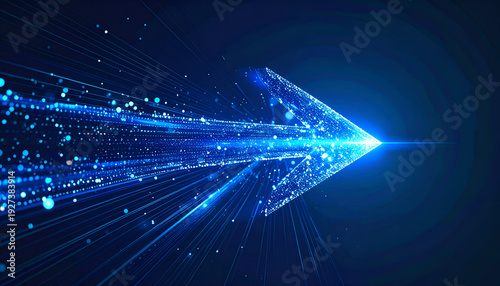 Glowing digital arrow made of blue particles pointing upward. Futuristic technology concept symbolizing growth, progress, and business success on a dark background.