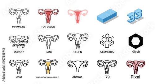 Uterus Icon Set: Diverse Styles and Representations of Female Reproductive Health