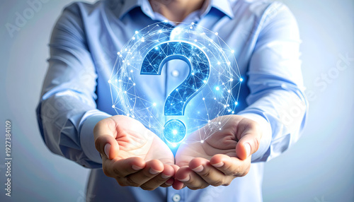 Digital question mark in hands of professional, conveying uncertainty, brainstorming, and creative problem solving.