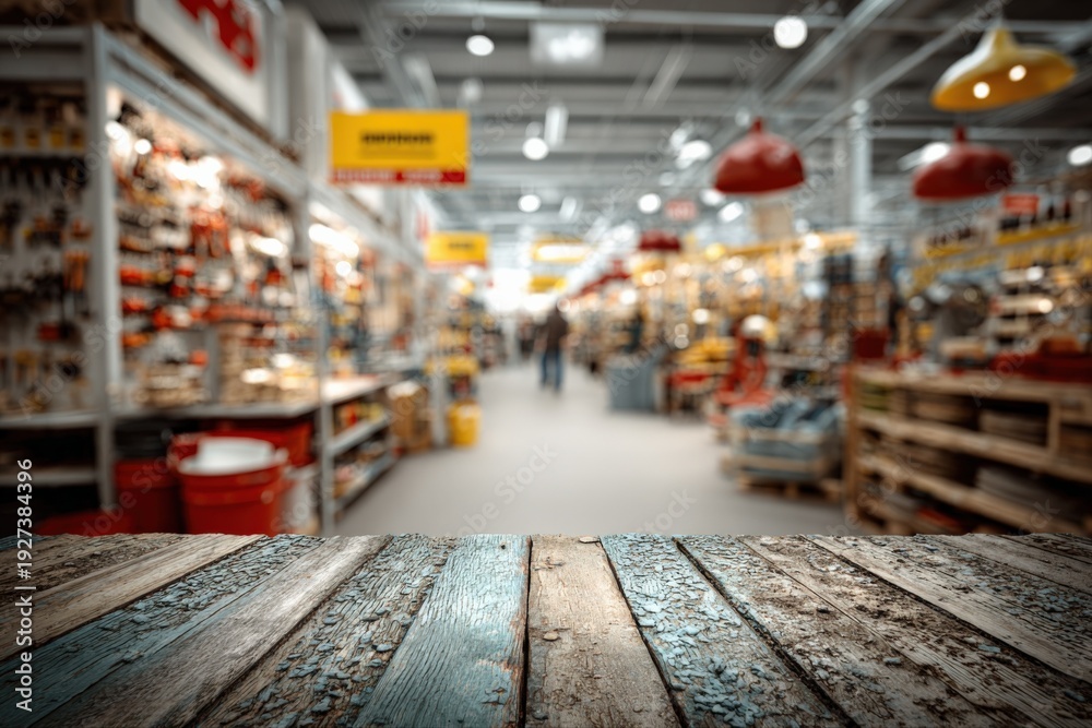 Fototapeta premium Blurred Hardware Store Aisle with Wood Tabletop Foreground for Product Placement and Commercial Use