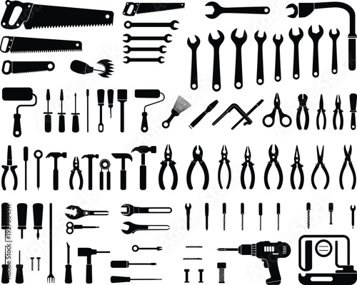 Comprehensive collection of black silhouette hand tools and hardware items including saws, wrenches, screwdrivers, hammers, pliers, drill, nuts, bolts, and DIY repair illustration.