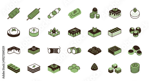 Japanese wagashi and matcha dessert isometric icon set. Traditional sweet treats, green tea cakes, dango, mochi, and asian confectionery illustrations isolated on white background
