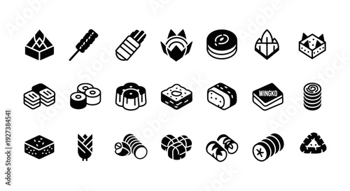 Isometric Asian Snack and Street Food Icon Set Black and White Vector Illustration