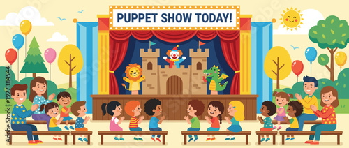 Colorful flat vector illustration of a children's puppet theater show with a diverse audience of kids and parents clapping. Stage features lion, clown, and dragon puppets with a castle backdrop.