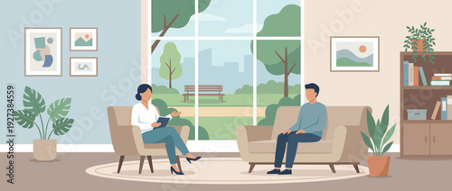 Modern Mental Health Therapy Session Flat Vector Illustration. Female Psychologist Consulting Male Patient in a Calm Office Interior with Large Window, Potted Plants, and Comfortable Furniture.