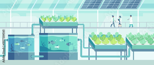 Modern Aquaponics Facility Illustration with Fish Tanks and Hydroponic Growing Beds for Sustainable Agriculture. Scientists in Lab Coats Monitoring the Eco-Friendly Indoor Vertical Farming System.