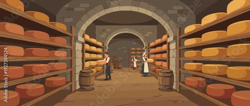 Flat vector illustration of a traditional cheese aging cave where workers handle large wheels on wooden shelves inside a rustic stone cellar with barrels, arches, and warm ambient lighting.