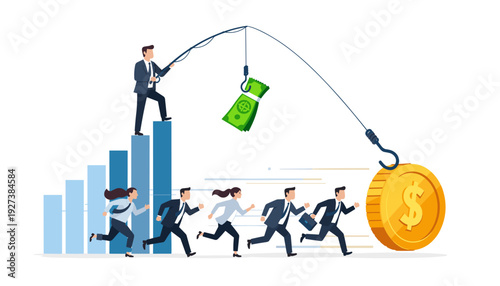 Corporate businessman fishing for cash from top of growth graph while employees run after a gold dollar coin bait. Concept of financial motivation, greed, competition, and business strategy.