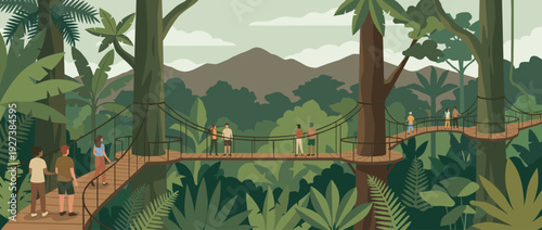 Flat Vector Illustration of a Scenic Treeline Canopy Walkway in a Tropical Rainforest with Lush Green Foliage, Tall Trees, Mountains, and People Enjoying an Eco-Tourism Adventure Hiking Trip.