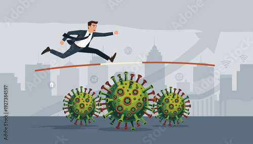 Determined businessman in a suit jumping over hurdles above coronavirus cells to achieve success and economic growth during the pandemic crisis, featuring a city skyline and rising arrow background.