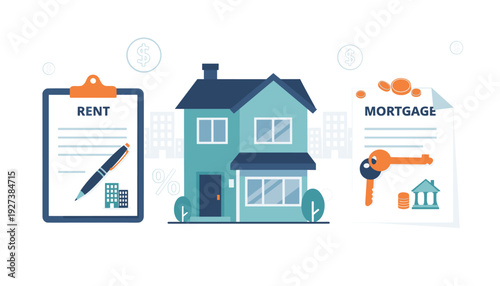 Rent vs Mortgage Concept Flat Vector Illustration Featuring a House, Rental Agreement Clipboard, Mortgage Loan Document, Keys, and Coins. Real Estate Investment and Home Ownership Comparison.