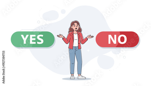 Confused Young Woman Standing Between Large Green Yes and Red No Buttons, Shrugging Shoulders and Unable to Make a Decision, Flat Style Vector Illustration of Choice, Dilemma, Doubt, and Uncertainty.