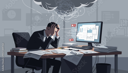 Stressed Businessman Overwhelmed by Workload and Information Overload at Office Desk, Frustrated Man with Head in Hands Facing Mental Health Issues, Burnout and Anxiety Vector Illustration.