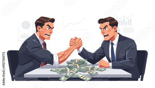 Two Angry Businessmen in Suits Engaged in an Intense Arm Wrestling Match Over a Large Pile of Cash Money on a Table, Representing Corporate Rivalry, Financial Competition, Greed, and Power Struggle