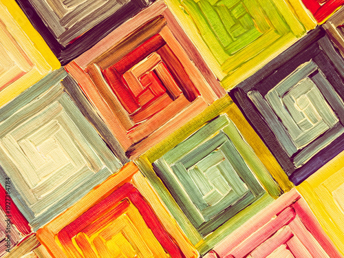 Colorful abstract Acrylic painting with geometric square spiral patterns and thick oil brushstrokes on canvas texture