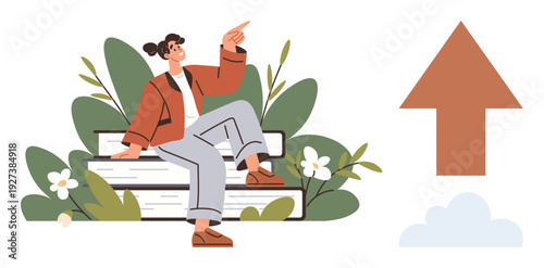 Career ambition, personal growth, opportunities, outdoors, direction, motivation. Woman sitting on a bench surrounded by plants, pointing upward toward a rising arrow. Career ambition and personal