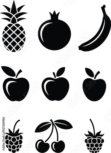 Wallpaper Mural Black silhouette fruit icons in grid layout featuring pineapple, pomegranate, banana, apple, raspberry, and cherry designs for educational, decorative, and vector illustration purposes. Torontodigital.ca