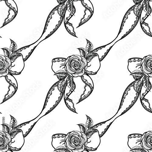 Seamless pattern of rose and ribbon