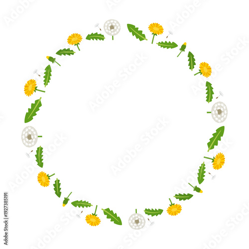 たんぽぽと綿毛の春リースフレーム ナチュラルボタニカル円形ベクター