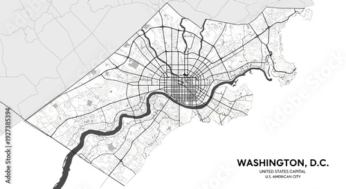 Washington D.C. Map: Aerial View of City Layout, Potomac River, and Street Grid