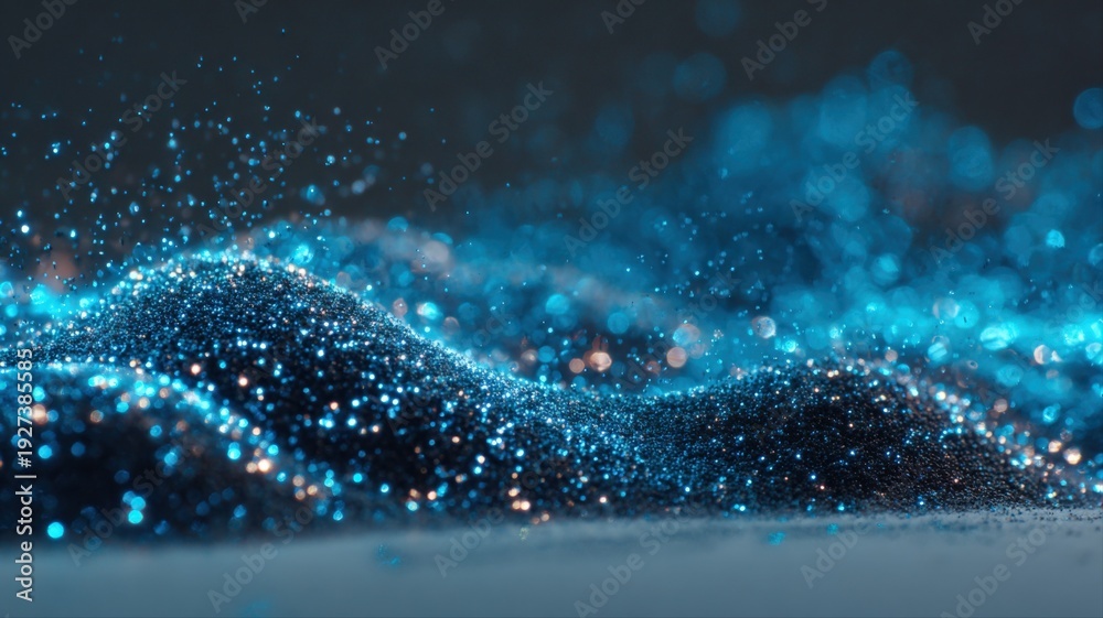Fototapeta premium Abstract glowing particles background, digital illustration of a dark matter simulation with sparkling blue and gold bokeh