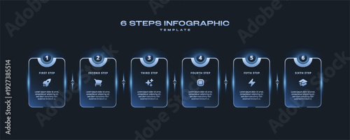 Dark Tech Infographic Template with Icons and Gradient Diagram, 6 Step Vector Workflow Layout for Presentations, Banners, Flowcharts, Business Reports, UI Design Assets, Modern Digital Style Pack Pro