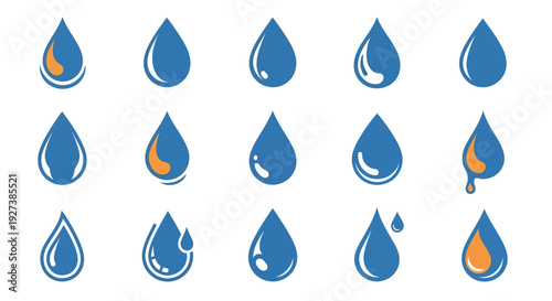 Water Droplet Icons Collection: Blue Drops with Orange Accents, Liquid Symbol Set