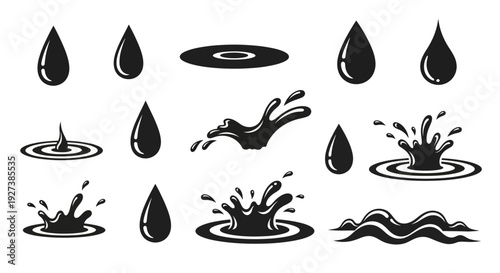 Water Droplets and Splashes Icons: Liquid, Fluid, and Wet Elements Collection