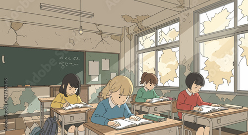 Four students sitting at desks in a classroom with a blackboard and large windows.