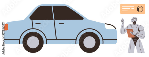 Automotive innovation, robotic AI, driverless cars, vehicle assessment, future transportation, and technology. Blue car and robot holding clipboard inspecting data. Automotive innovation and robotic