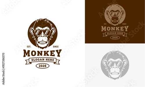 Monkey emblem illustration featuring detailed monkey head, vintage style, on various backgrounds, showcasing design versatility and classic appeal