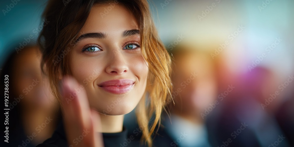 Fototapeta premium Smiling young woman with bright blue eyes looking at the camera in a professional setting