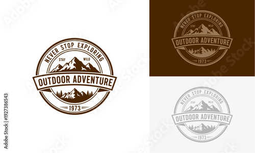 Vintage Outdoor Adventure Logos Featuring Mountains and Wilderness Exploration Themes in Various Color Schemes