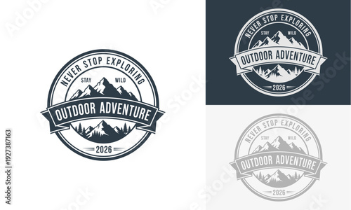 Outdoor Adventure emblems showcasing mountains and exploration in various designs and color schemes on a clean background