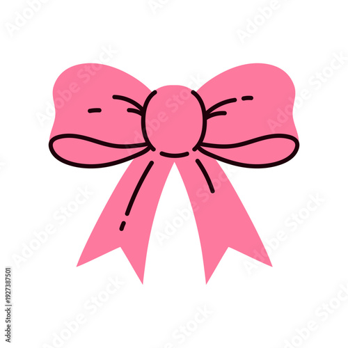 Cute pink bow, vector illustration. Colorful ribbon with a knot. Satin element for a party, wedding, girls holiday, romantic date. Hand drawn cartoon clipart. Vintage hair bow, fashion accessory