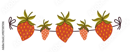 Strawberry garland vector icon. Juicy fresh berries hanging on a string. Ripe, unripe fruits with seeds, leaves. Sweet garden dessert, farm harvest. Hand drawn cartoon clipart. Banner for summer party