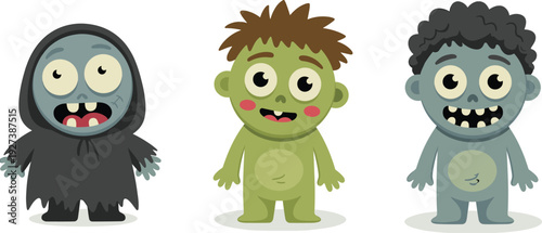 Cartoon zombie characters illustration featuring three playful designs with unique expressions, colorful details, and humorous style for Halloween, comics, games, and creative projects