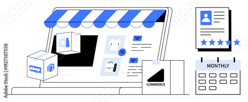 Digital storefront with products, shopping cart, and delivery elements for online retail. Ideal for e-commerce, product marketing, digital business, fintech, shopping apps, and subscription services