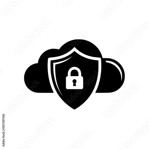 cloud data security shield lock black icon vector on white