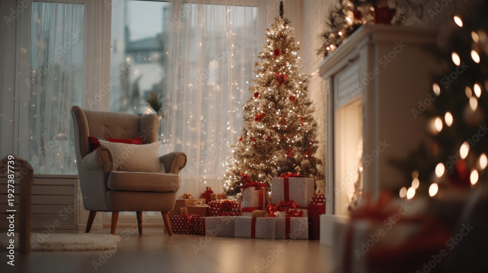 Fototapeta premium Festive Christmas Living Room with Decorated Tree, Presents, and Cozy Fireplace for Holiday Celebrations