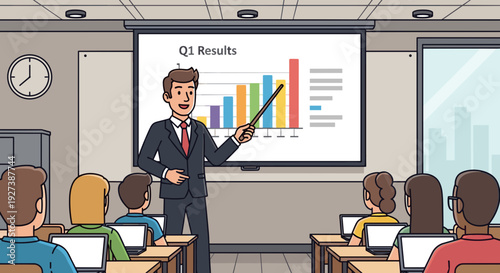 Businessman presenting graph to students in classroom.