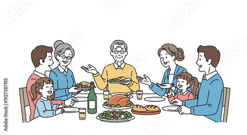 Family Gathering Around Dinner Table Together.