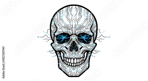 Detailed Hand Drawn Skull with Blue Eyes.