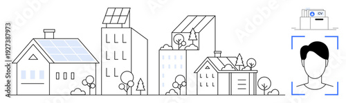 Smart city innovation. Smart city with solar-powered buildings and emerging technologies thumbs up face recognition. Smart city integrates sustainability, energy management, and urban technology