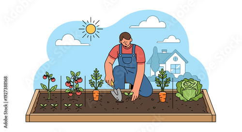 Gardener Tending Plants in Garden Bed.
