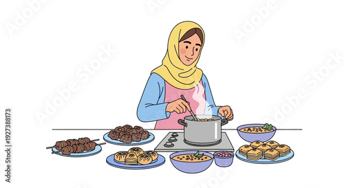Woman in Hijab Cooking Various Dishes.