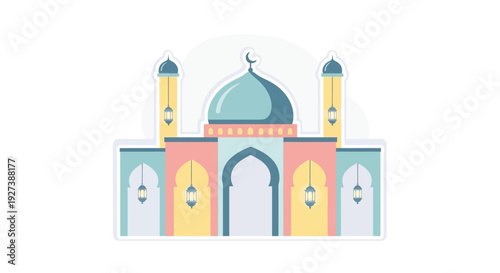 Mosque Building with Dome and Minarets.