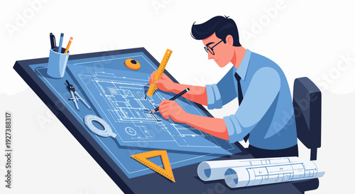 Man Working on Architectural Blueprint Design.