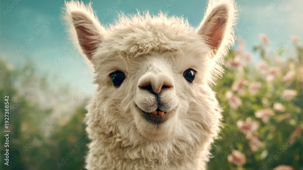 Obraz premium Close-up Portrait of a Fluffy White Alpaca with a Sweet Expression in a Floral Setting