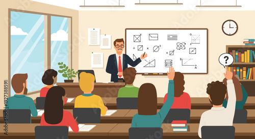 Teacher Explaining Lesson to Students in Classroom.